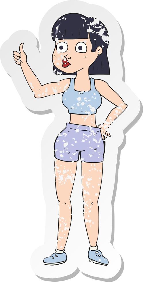 retro distressed sticker of a cartoon gym woman vector