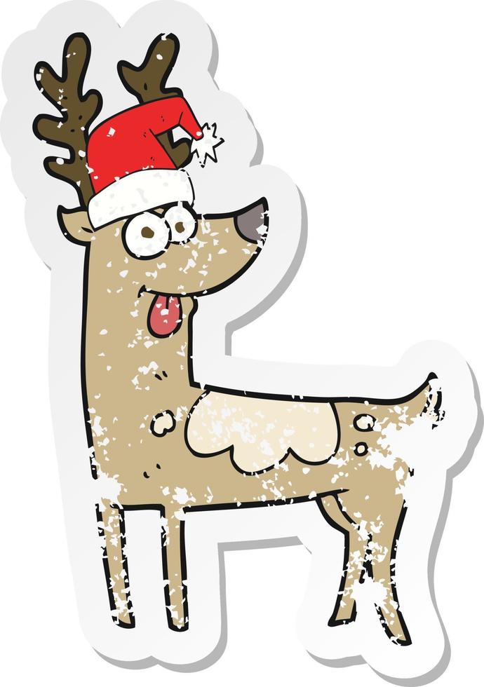 retro distressed sticker of a cartoon crazy reindeer vector