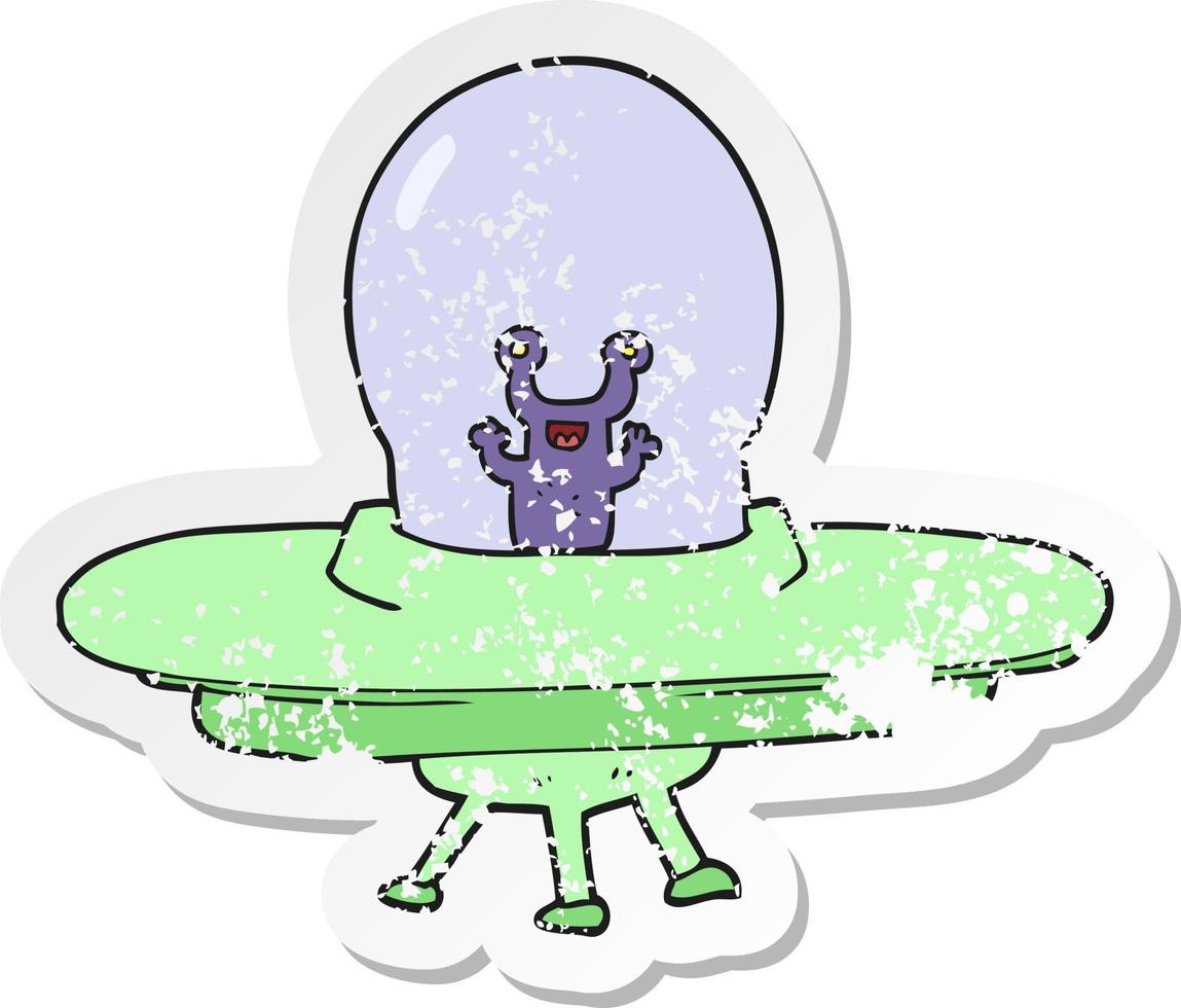 retro distressed sticker of a cartoon alien spaceship vector