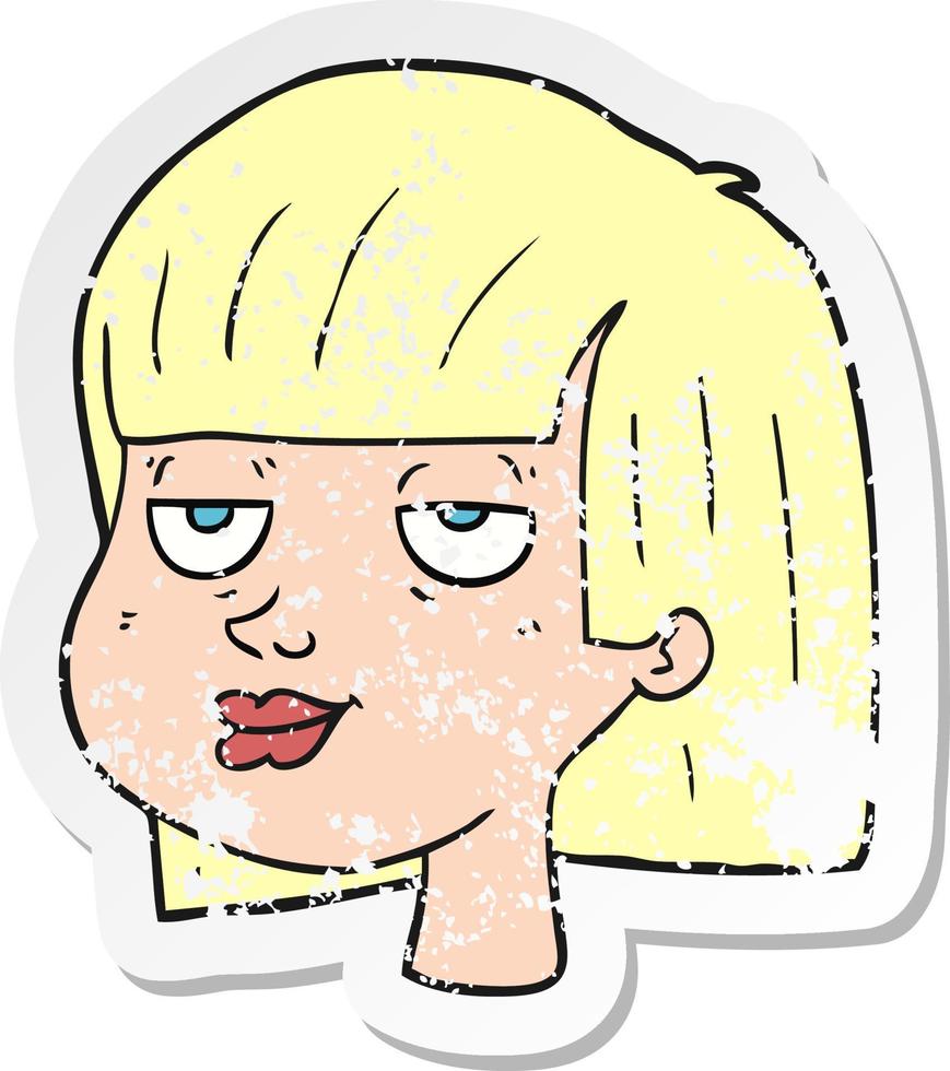 retro distressed sticker of a cartoon female face vector