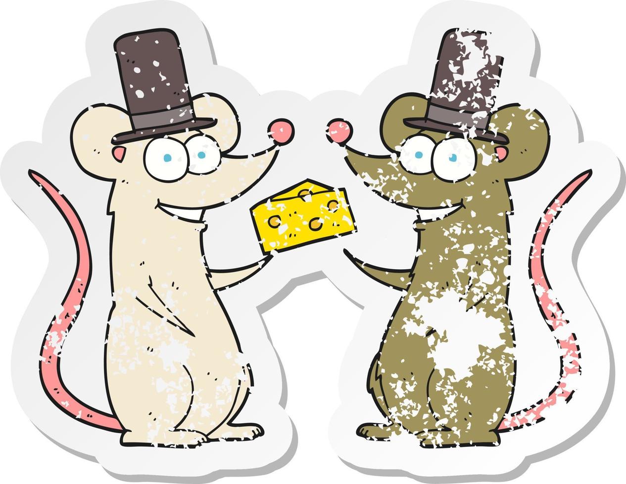 retro distressed sticker of a cartoon mice with cheese vector