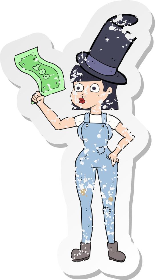 retro distressed sticker of a cartoon woman holding on to money vector