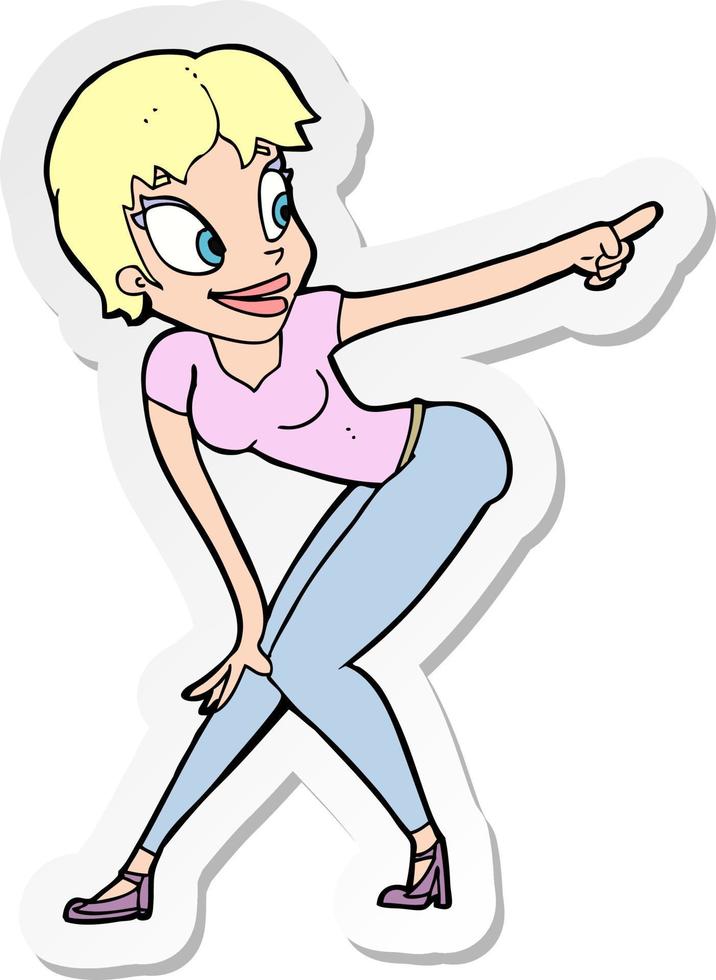 sticker of a cartoon pretty woman pointing vector