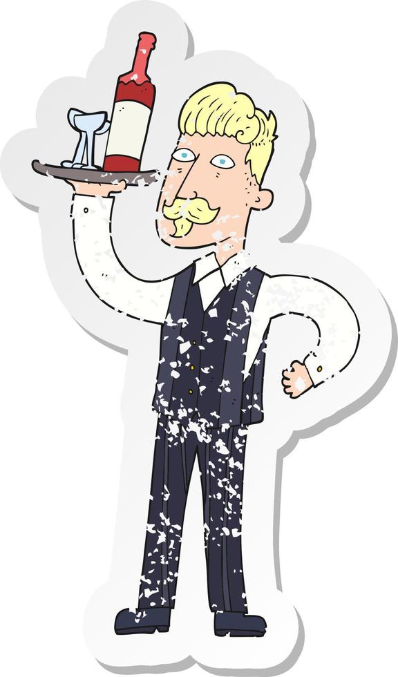 retro distressed sticker of a cartoon waiter vector