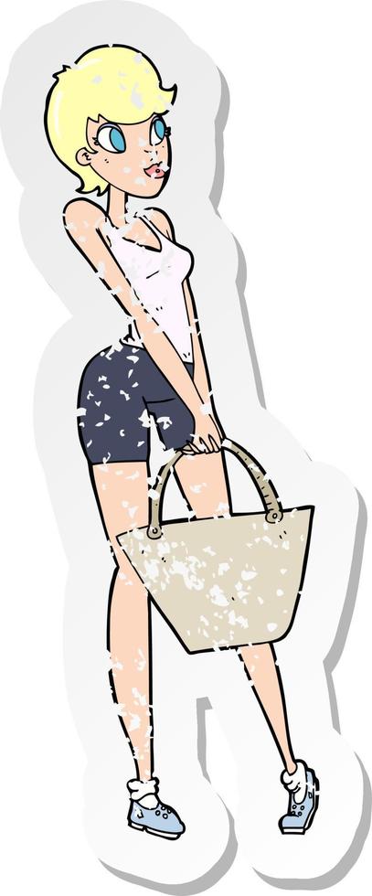 retro distressed sticker of a cartoon attractive woman shopping vector