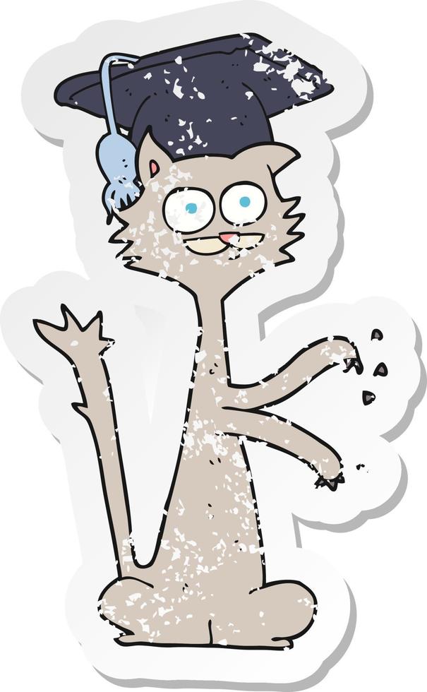 retro distressed sticker of a cartoon cat with graduation cap vector