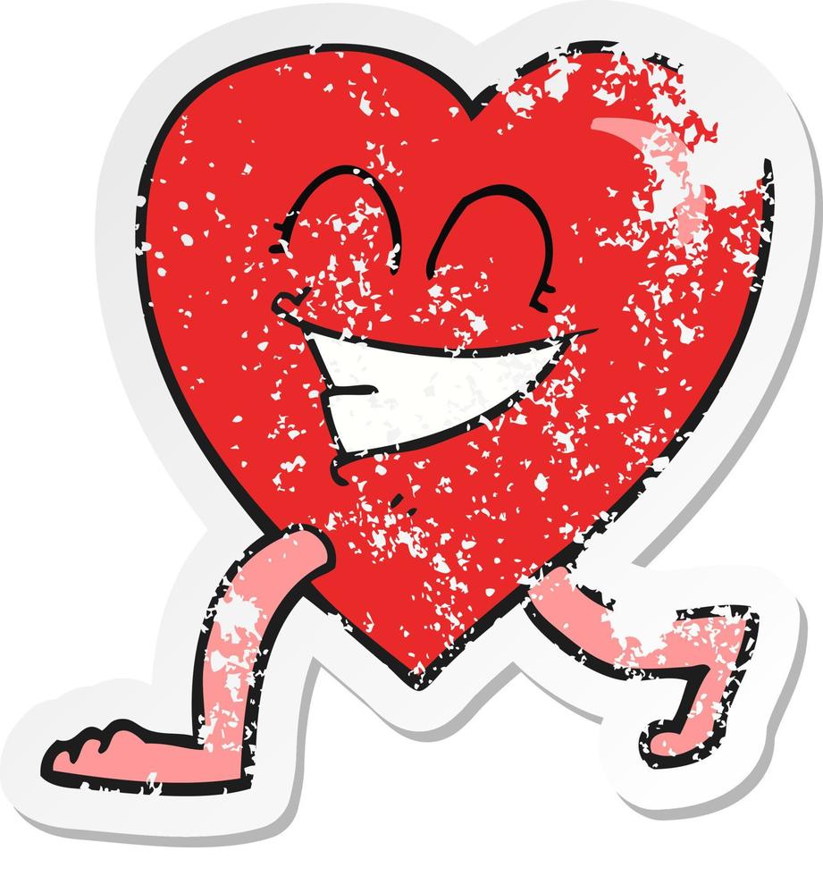 retro distressed sticker of a cartoon walking heart vector