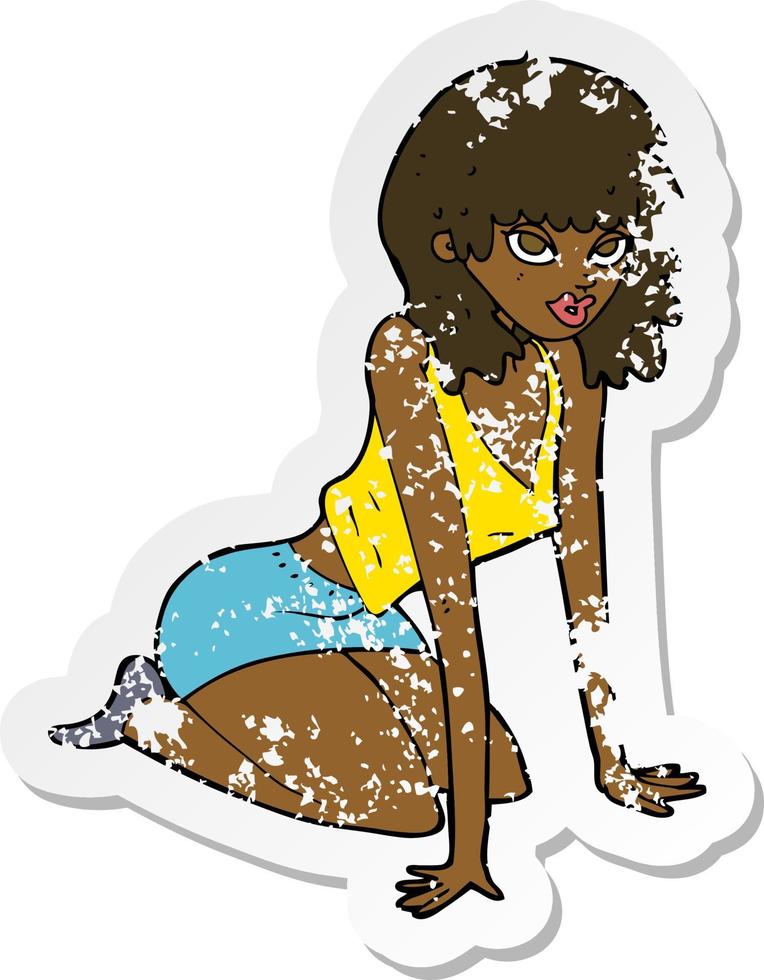 retro distressed sticker of a cartoon woman in sexy pose vector