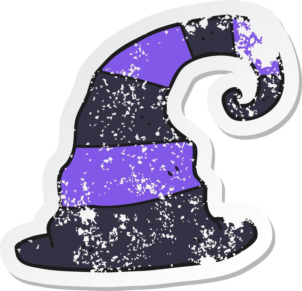 retro distressed sticker of a cartoon witch hat vector