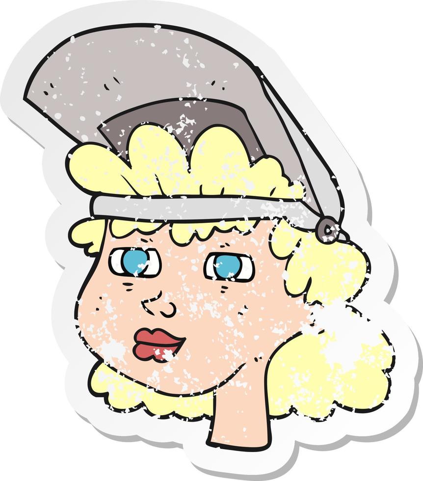 retro distressed sticker of a cartoon woman with welding mask vector