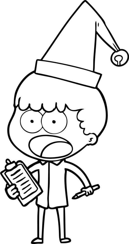 cartoon shocked xmas elf with clipboard and pen vector