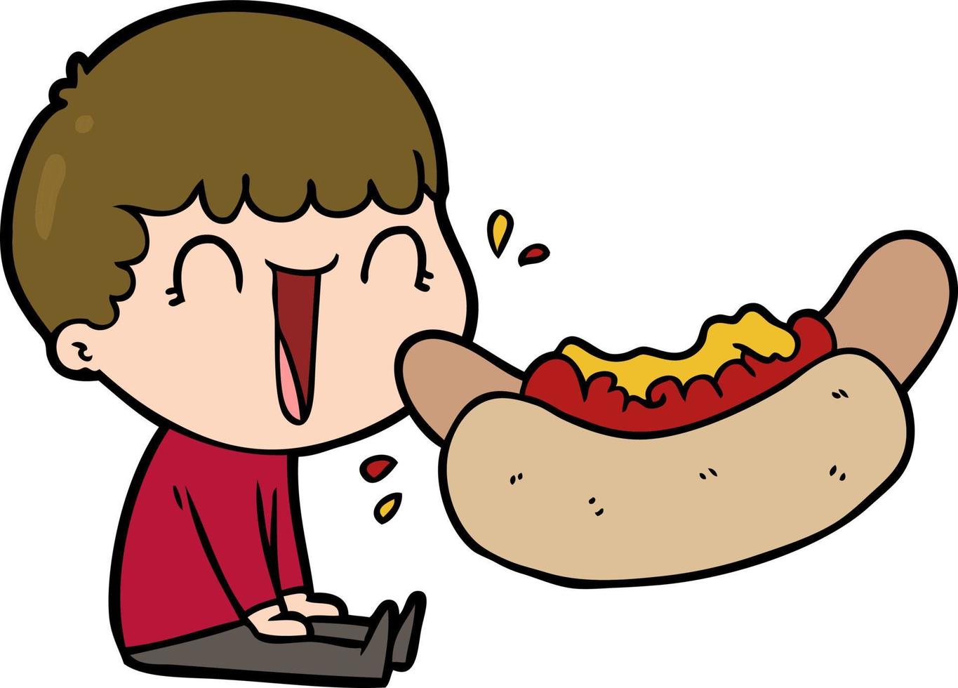 hombre de dibujos animados riendo comiendo hot dog gigante vector