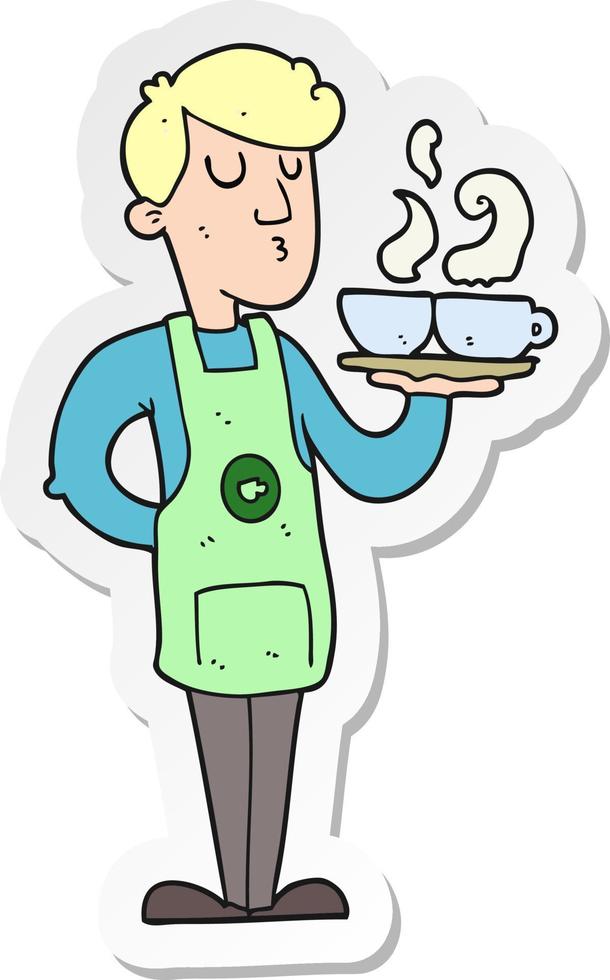 sticker of a cartoon barista serving coffee vector