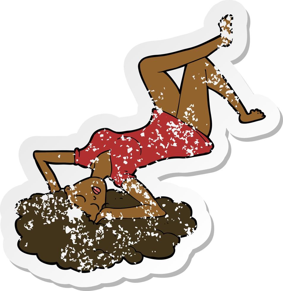 pegatina retro angustiada de una mujer caricaturista tirada en el suelo vector