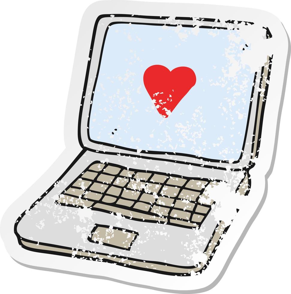 retro distressed sticker of a cartoon laptop computer with heart symbol on screen vector