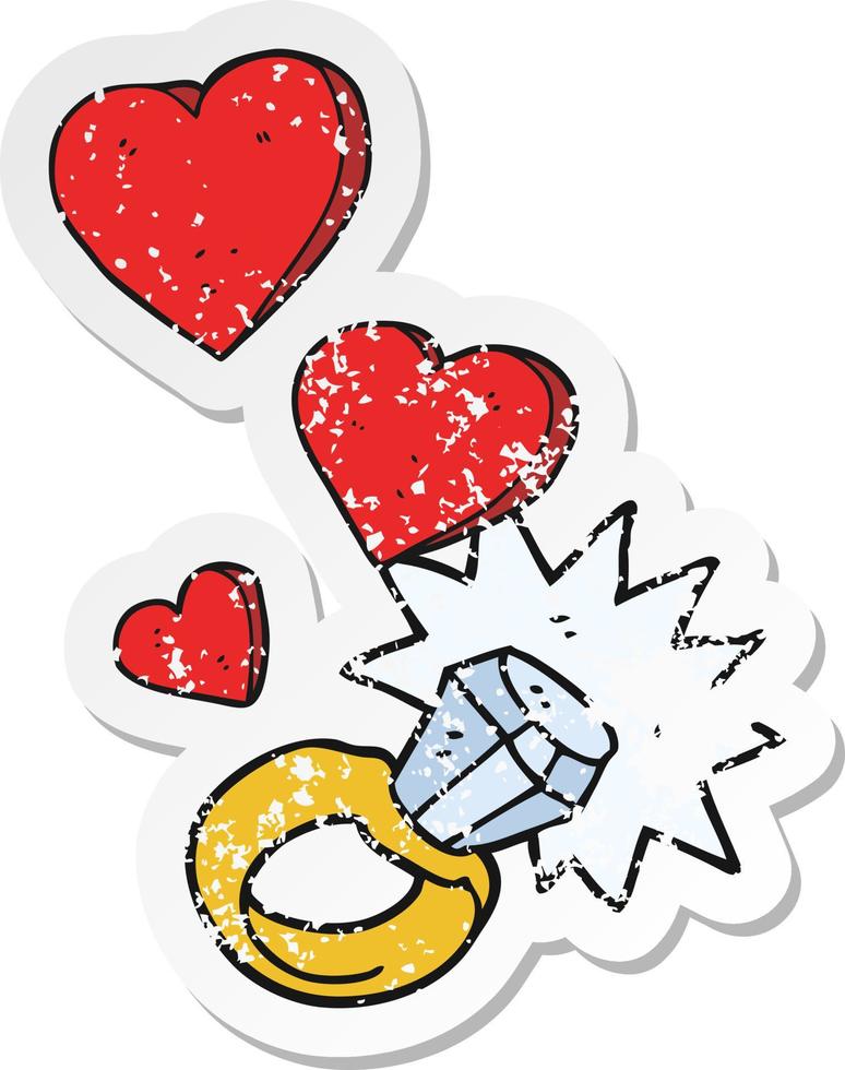 retro distressed sticker of a cartoon diamond engagement ring vector