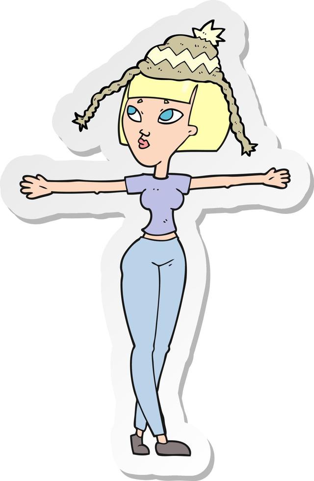 sticker of a cartoon woman wearing hat vector