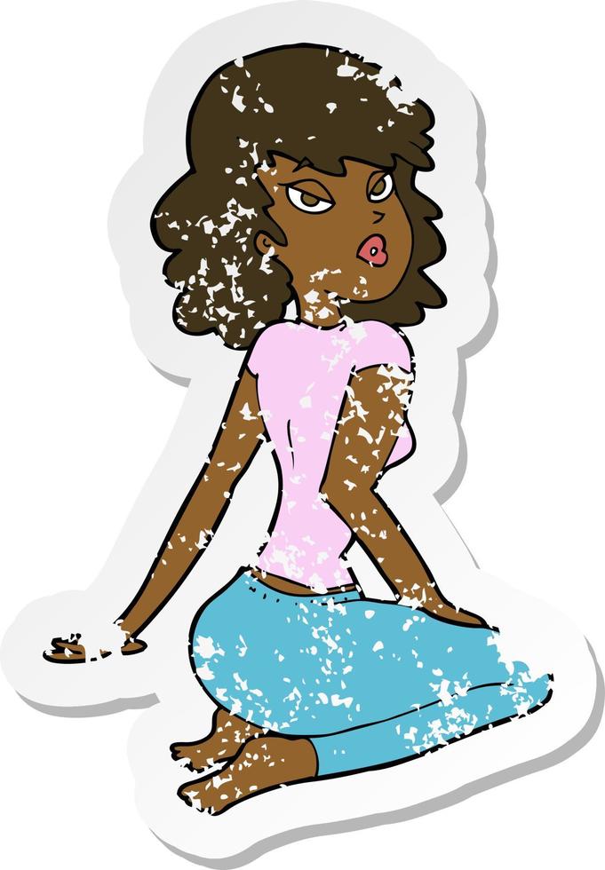 retro distressed sticker of a cartoon pretty woman vector