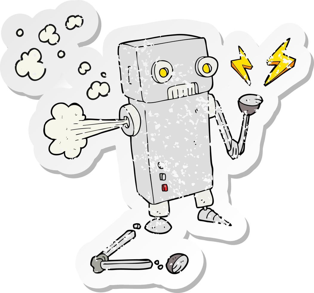 retro distressed sticker of a cartoon broken robot vector