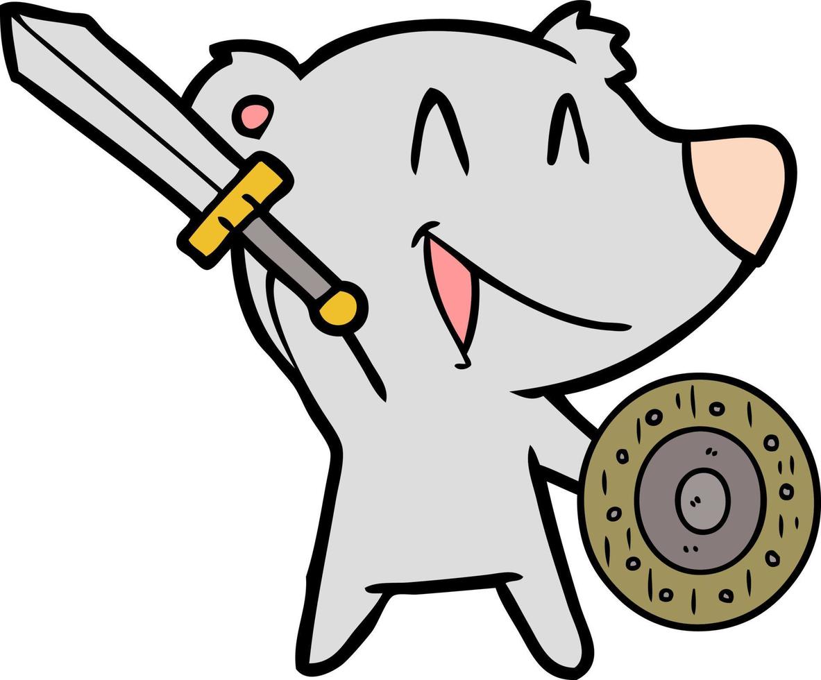 laughing bear cartoon with sword and shield vector