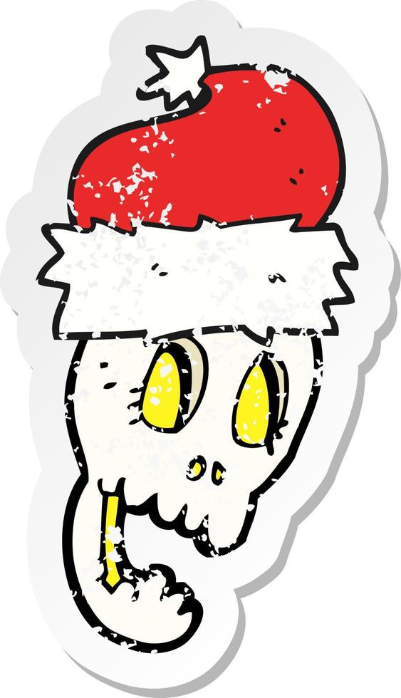 retro distressed sticker of a cartoon christmas hat on skull vector