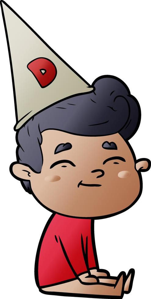 happy cartoon man sitting with dunce cap on head vector