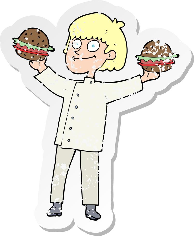 retro distressed sticker of a cartoon chef with burgers vector