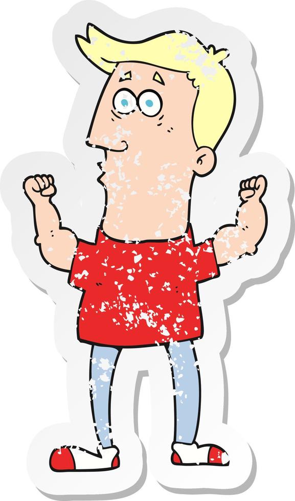 retro distressed sticker of a cartoon surprised man flexing biceps vector