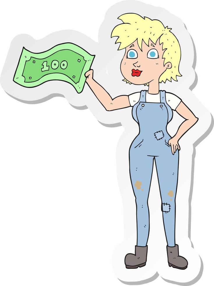 sticker of a cartoon confident farmer woman with money vector