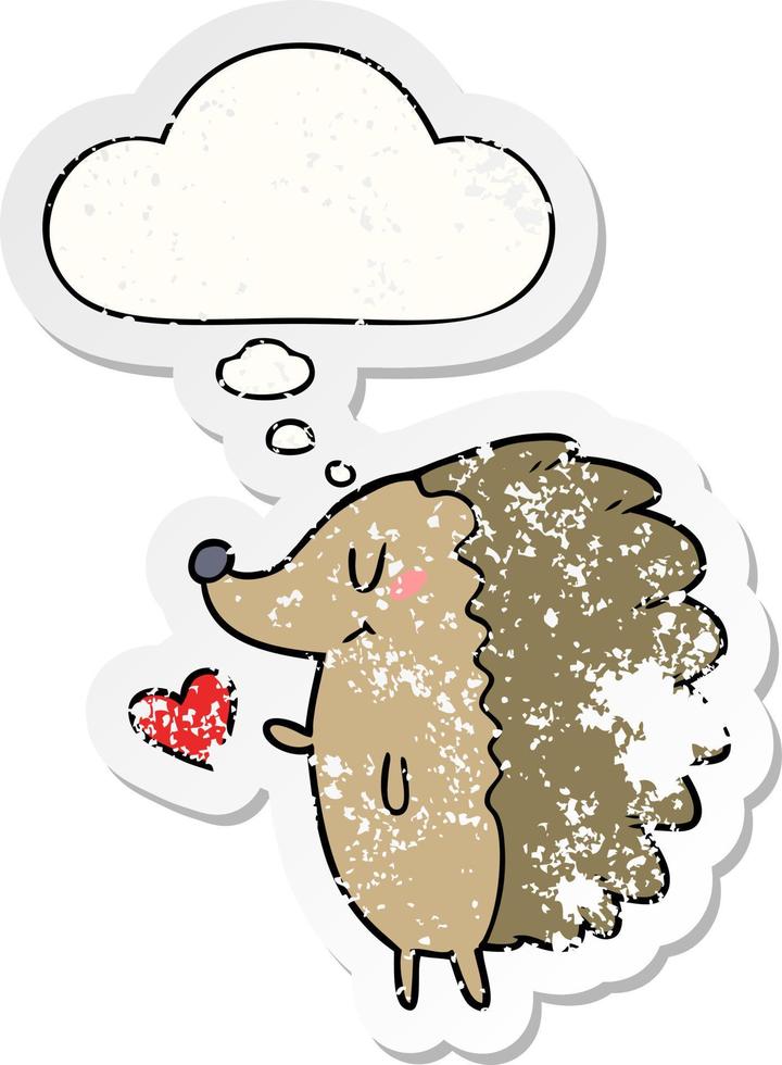 cute cartoon hedgehog and thought bubble as a distressed worn sticker vector