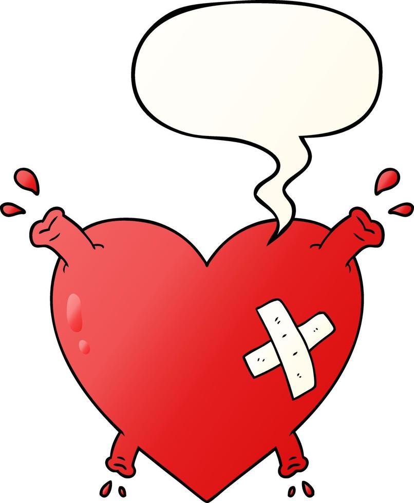 cartoon heart squirting blood and speech bubble in smooth gradient style vector