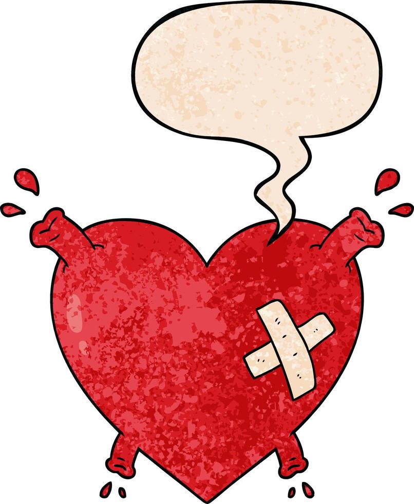 cartoon heart squirting blood and speech bubble in retro texture style vector