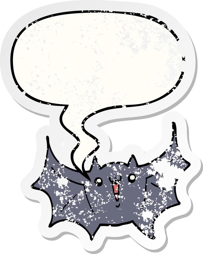 cartoon happy vampire bat and speech bubble distressed sticker vector