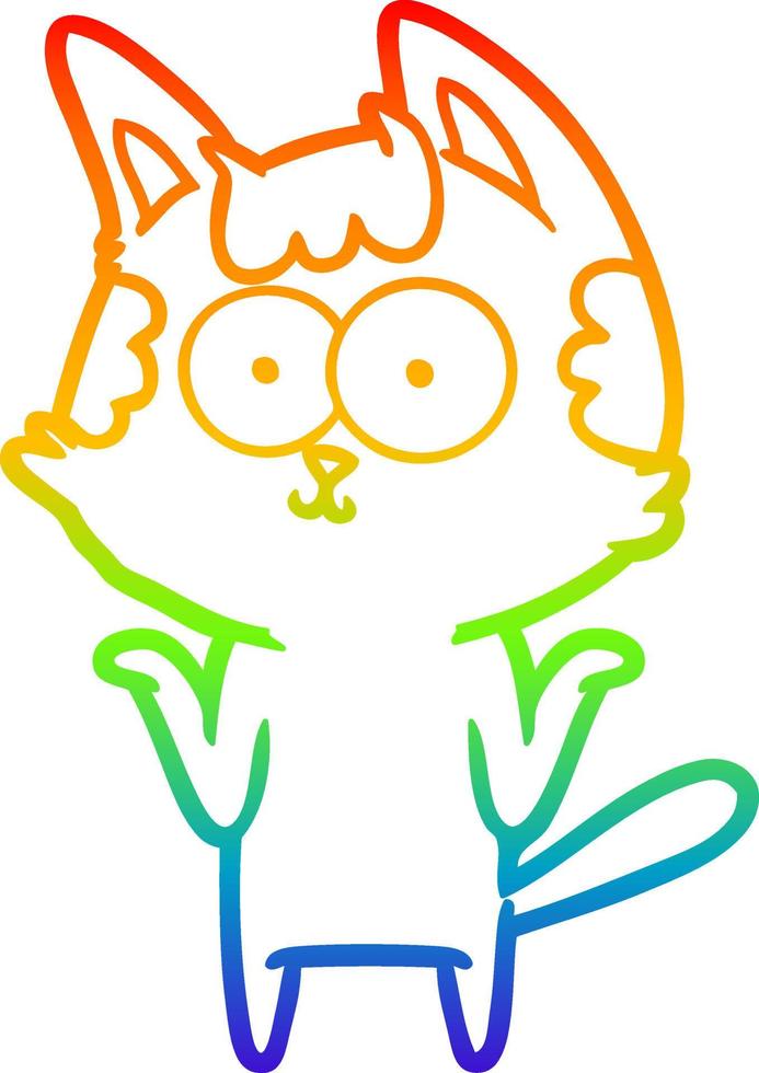 rainbow gradient line drawing happy cartoon cat shrugging shoulders vector