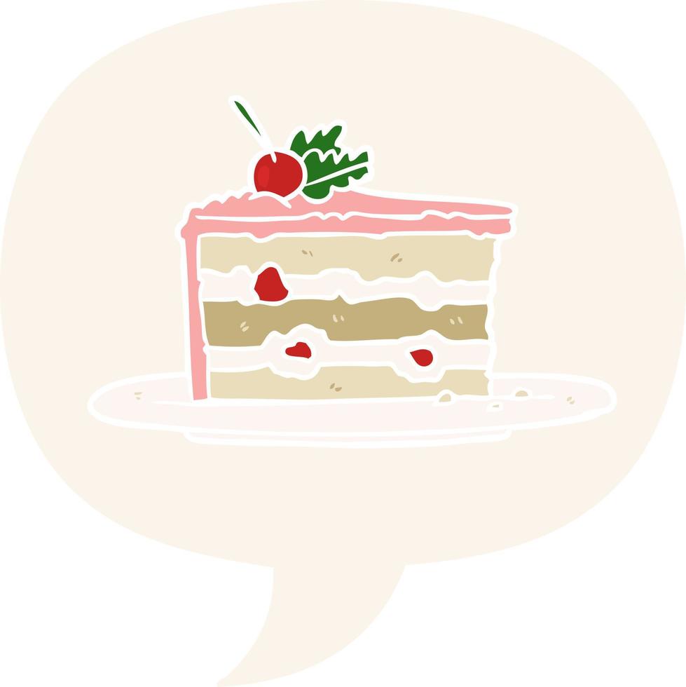 pastel de postre sabroso de dibujos animados y burbuja de habla en estilo retro vector