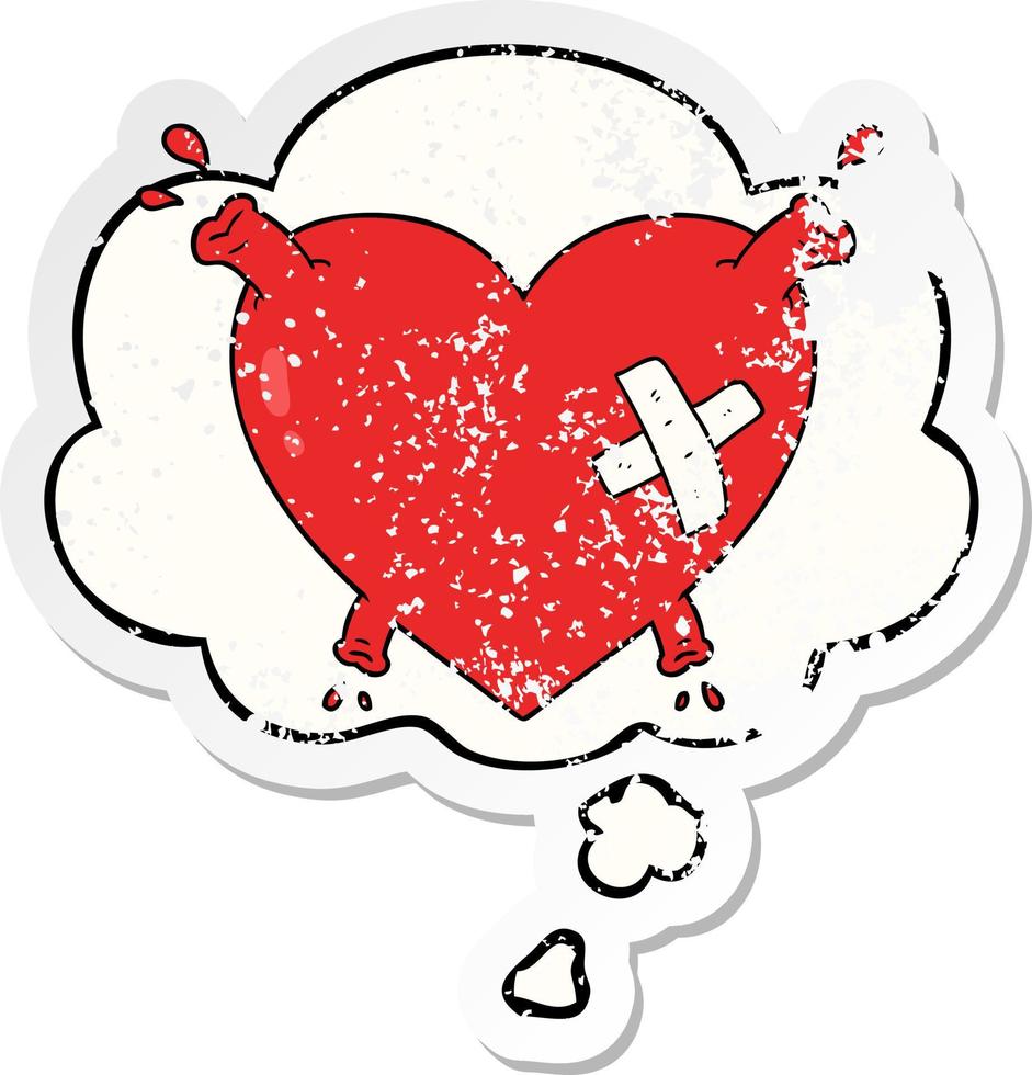 cartoon heart squirting blood and thought bubble as a distressed worn sticker vector