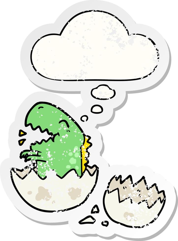 cartoon dinosaur hatching and thought bubble as a distressed worn sticker vector