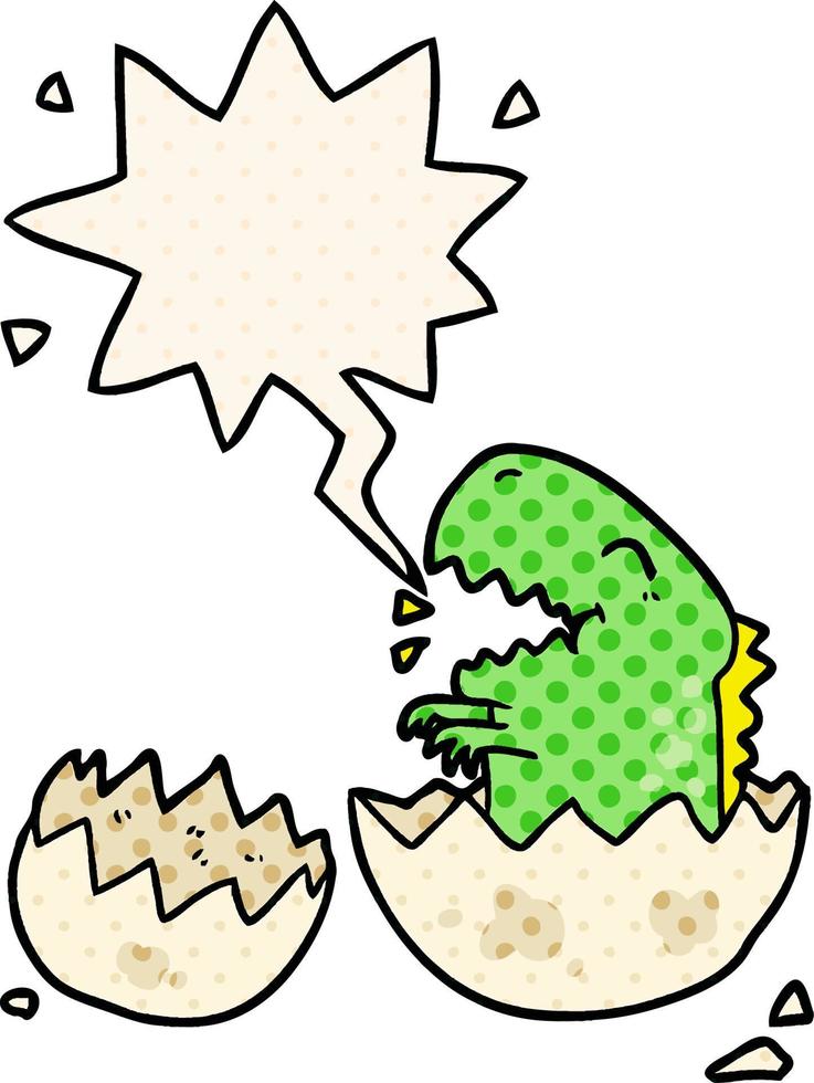 cartoon dinosaur hatching from egg and speech bubble in comic book style vector