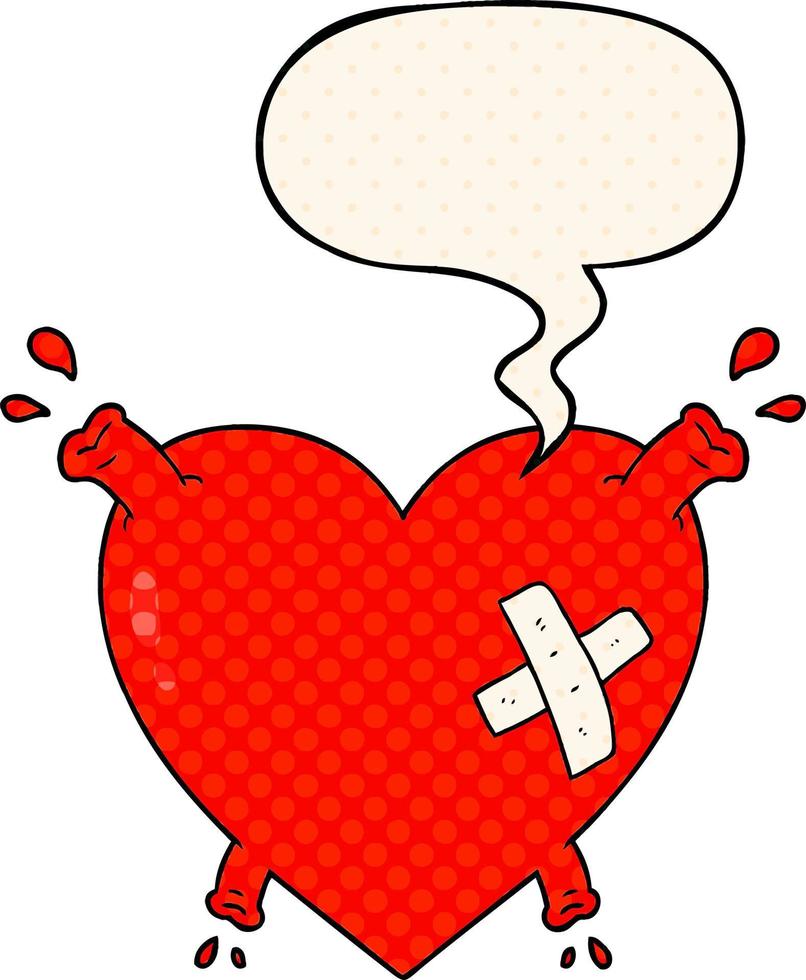 cartoon heart squirting blood and speech bubble in comic book style vector