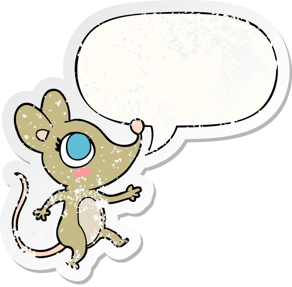 cute cartoon mouse and speech bubble distressed sticker vector