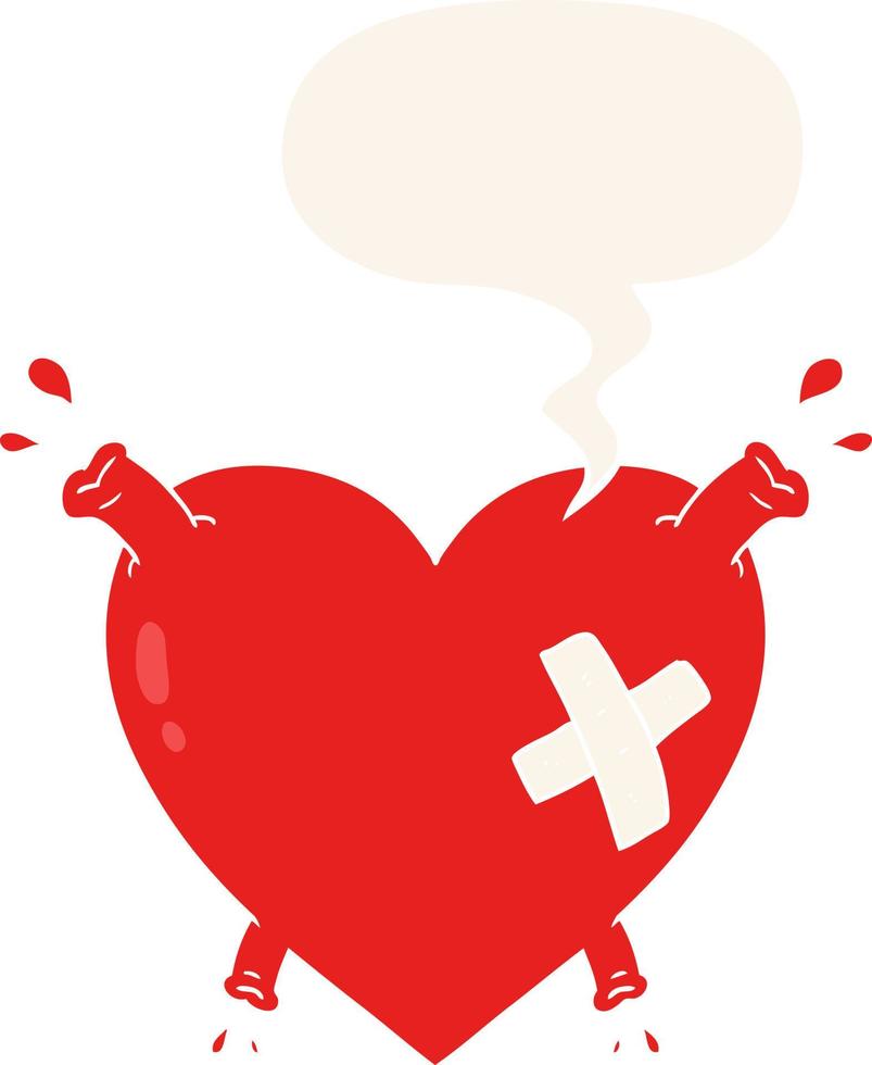 cartoon heart squirting blood and speech bubble in retro style vector