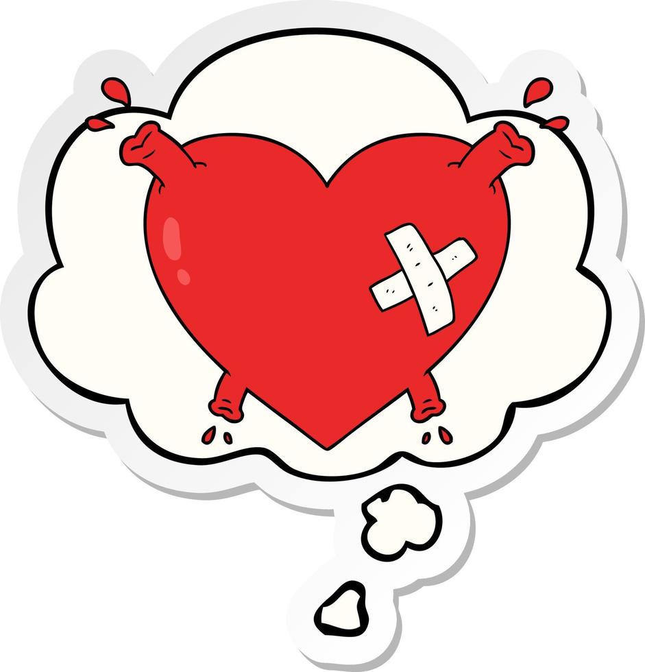 cartoon heart squirting blood and thought bubble as a printed sticker vector