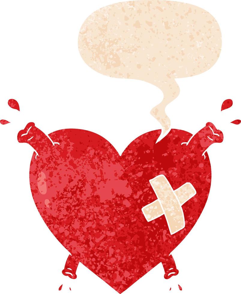 cartoon heart squirting blood and speech bubble in retro textured style vector