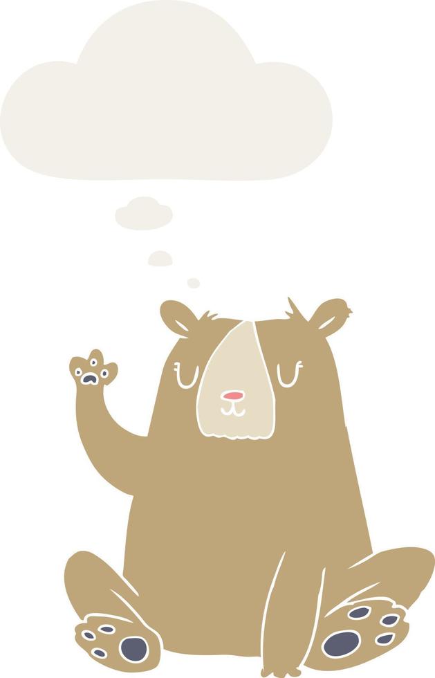 cartoon bear waving and thought bubble in retro style vector