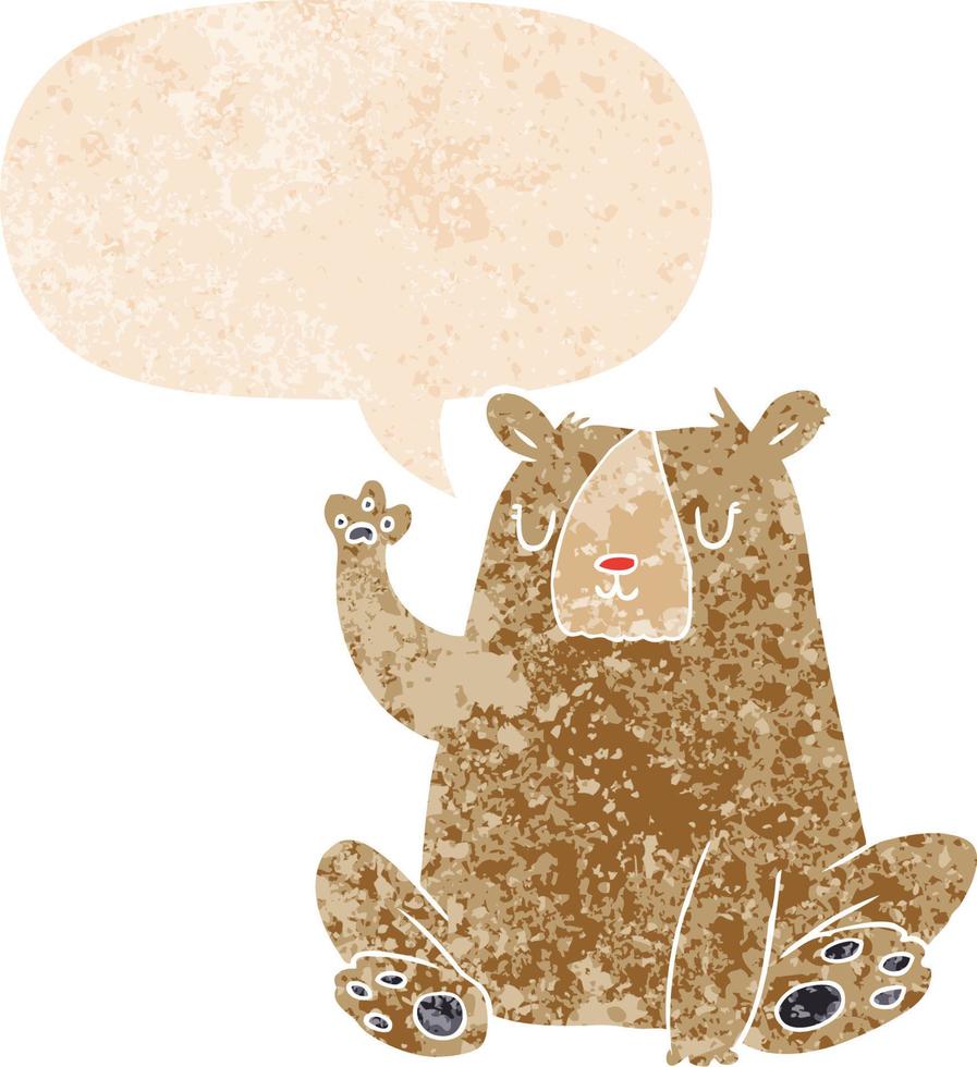 cartoon bear waving and speech bubble in retro textured style vector