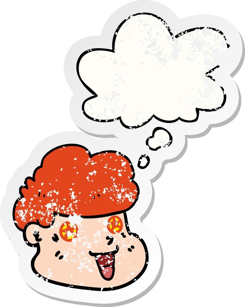 cartoon boy s face and thought bubble as a distressed worn sticker vector