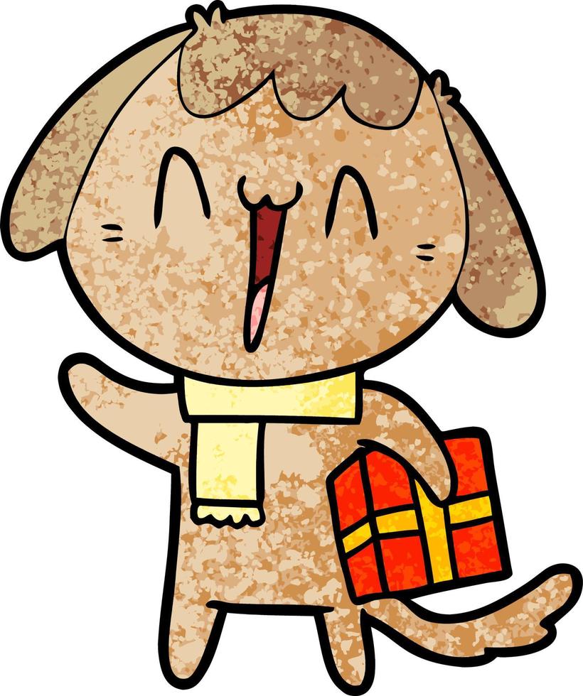 lindo perro de dibujos animados con regalo de navidad vector