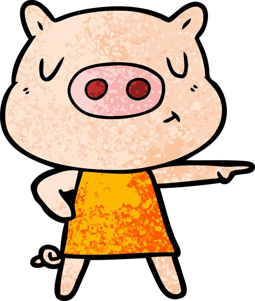 cartoon content pig in dress pointing vector