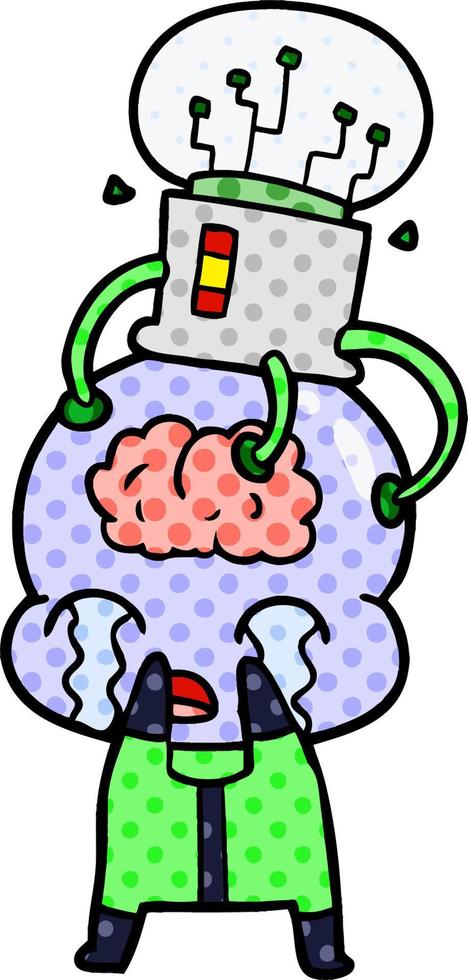 cartoon big brain alien crying with brain interface vector