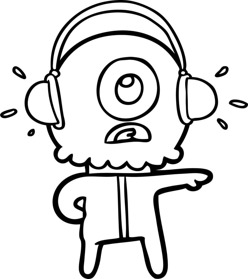 cartoon cyclops alien spaceman listening to music vector